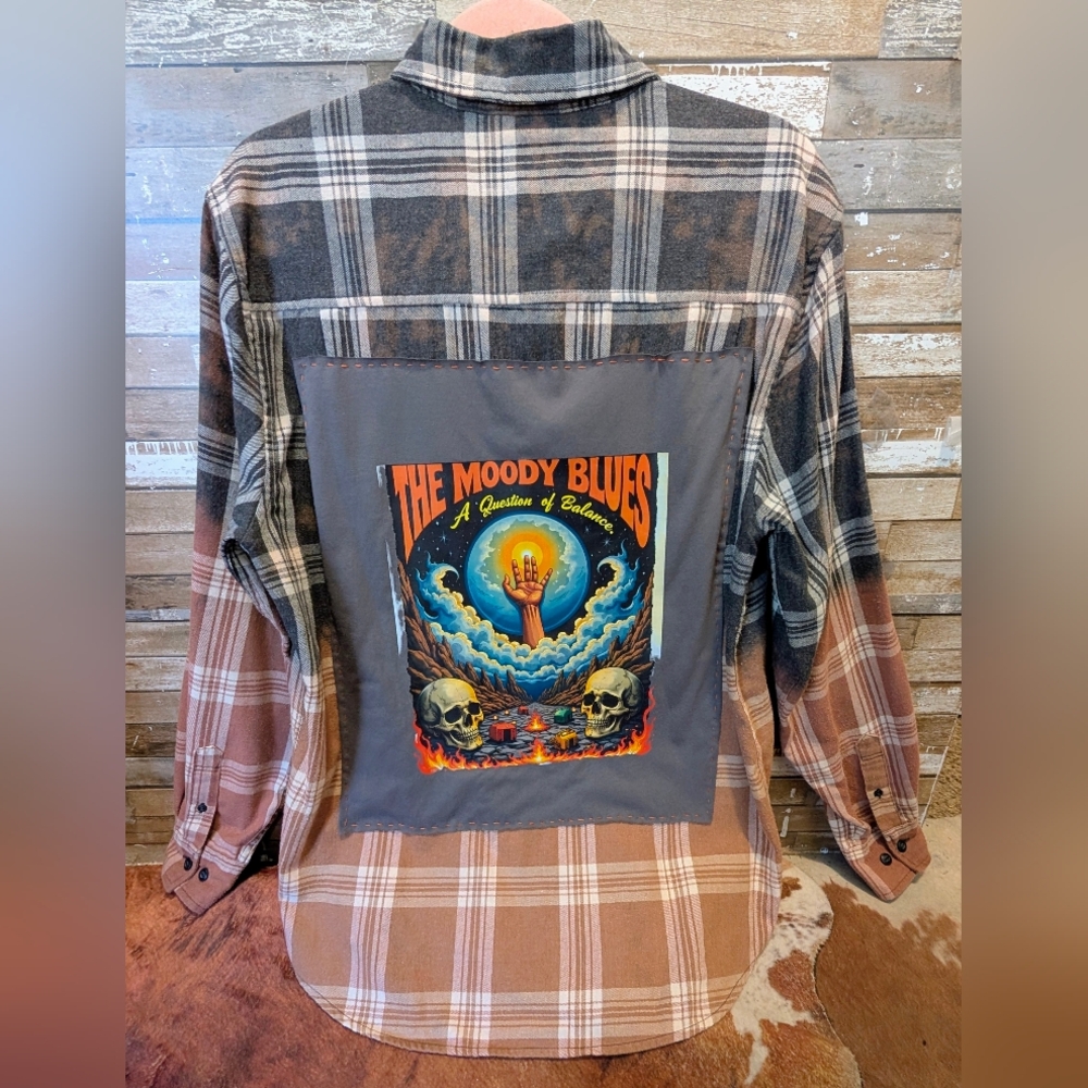Moody Blues Graphic Upcycled Dip Dye Bleached Flannel Shirt